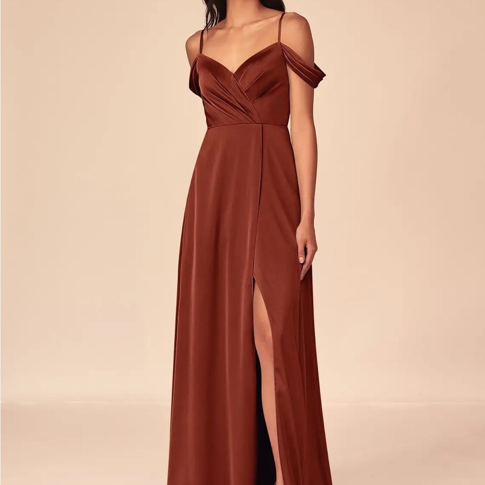 AZAZIE OCEAN Stretch Terracotta A-Line V-Neck Satin Dress size 2 (NWT)